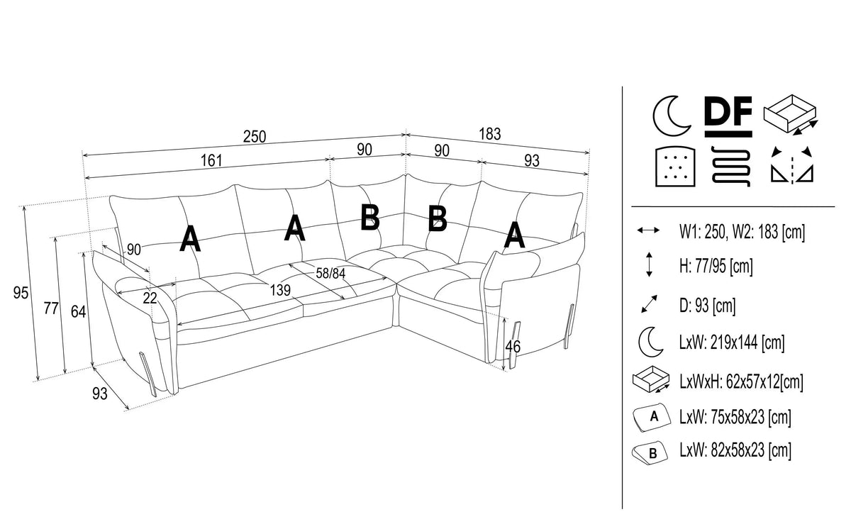 Almeria Corner Sofa Bed 1 With Storage dimensions