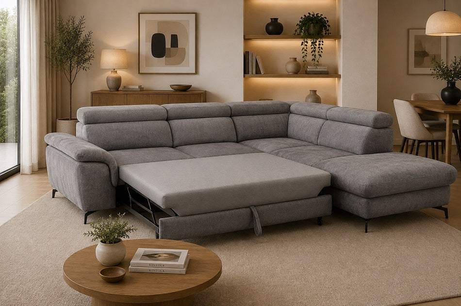 Narożna sofa z funkcją spania i pojemnikiem Alegra