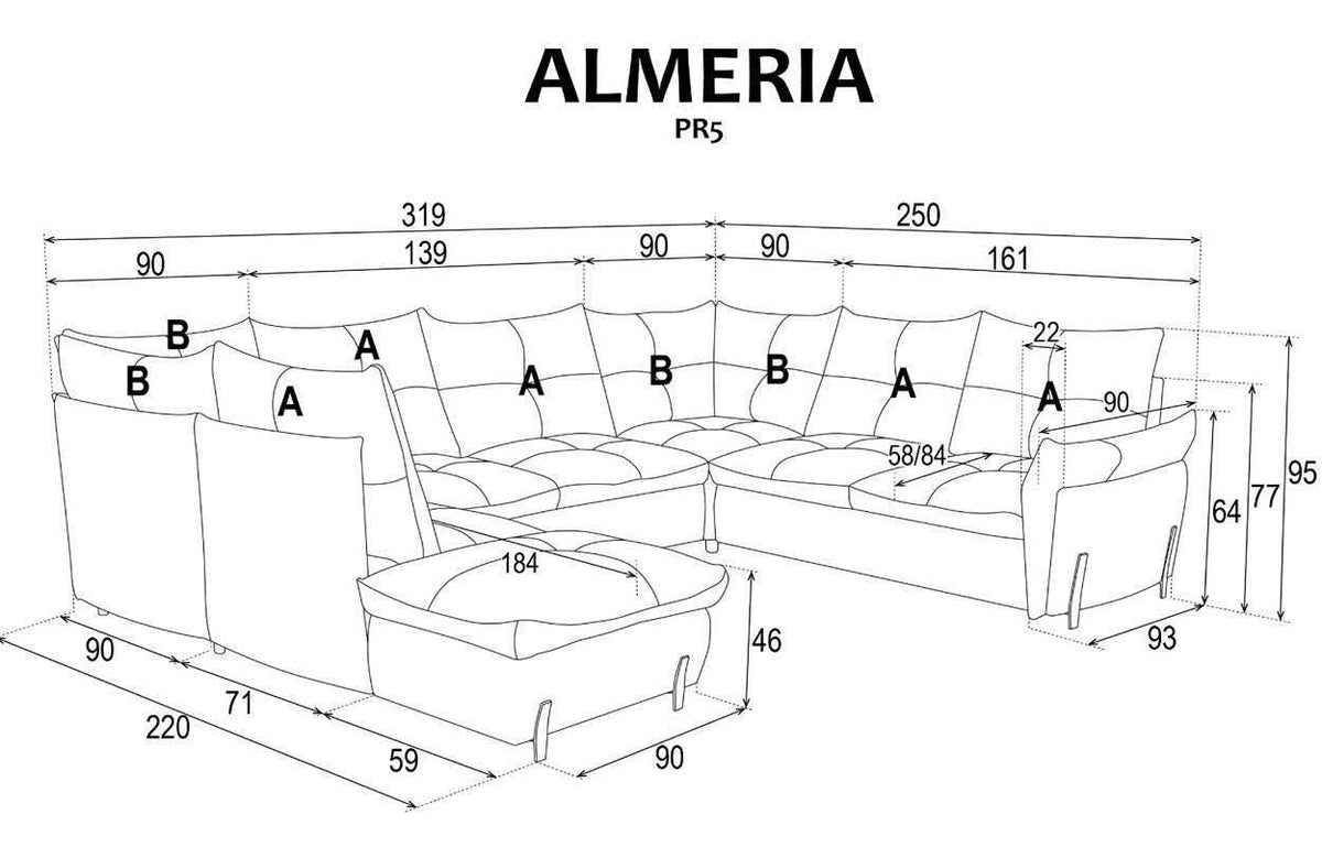 Almeria 5 U-Shape Corner Sofa Bed dimensions