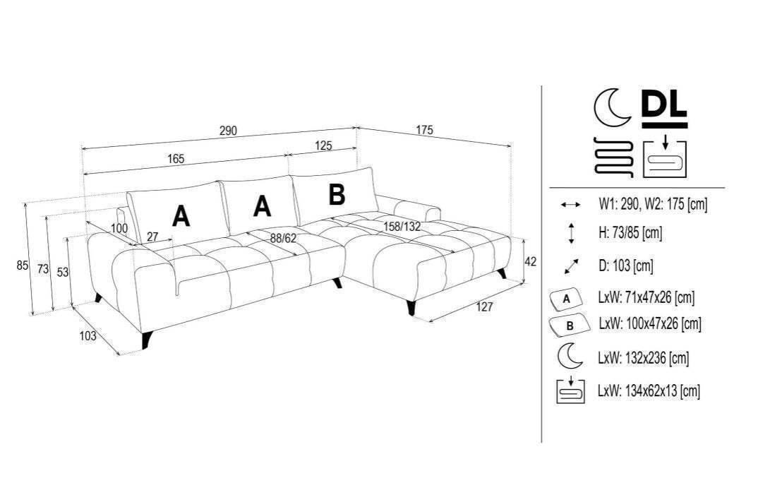Athena Corner Sofa Bed With Storage dimensions