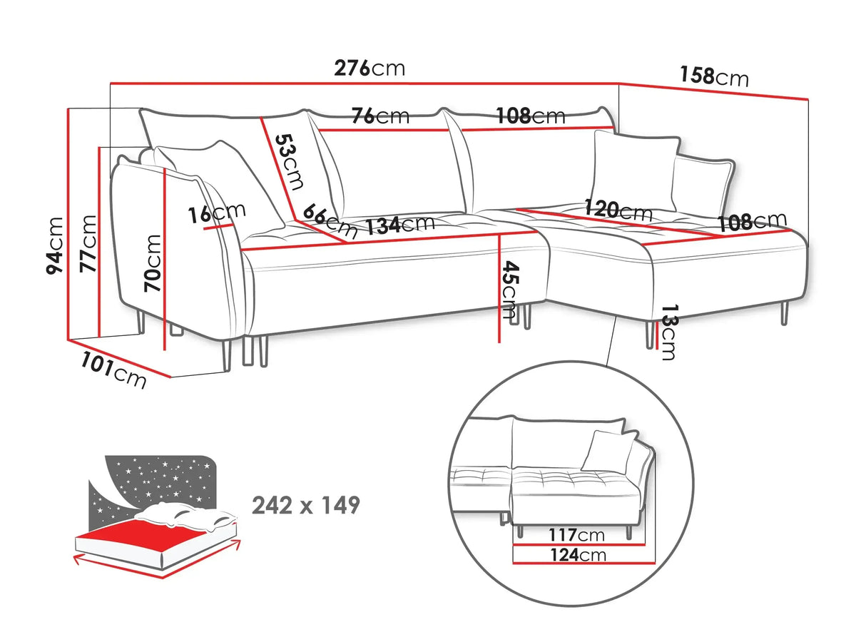 Baro Corner Sofa Bed With Storage dimensions