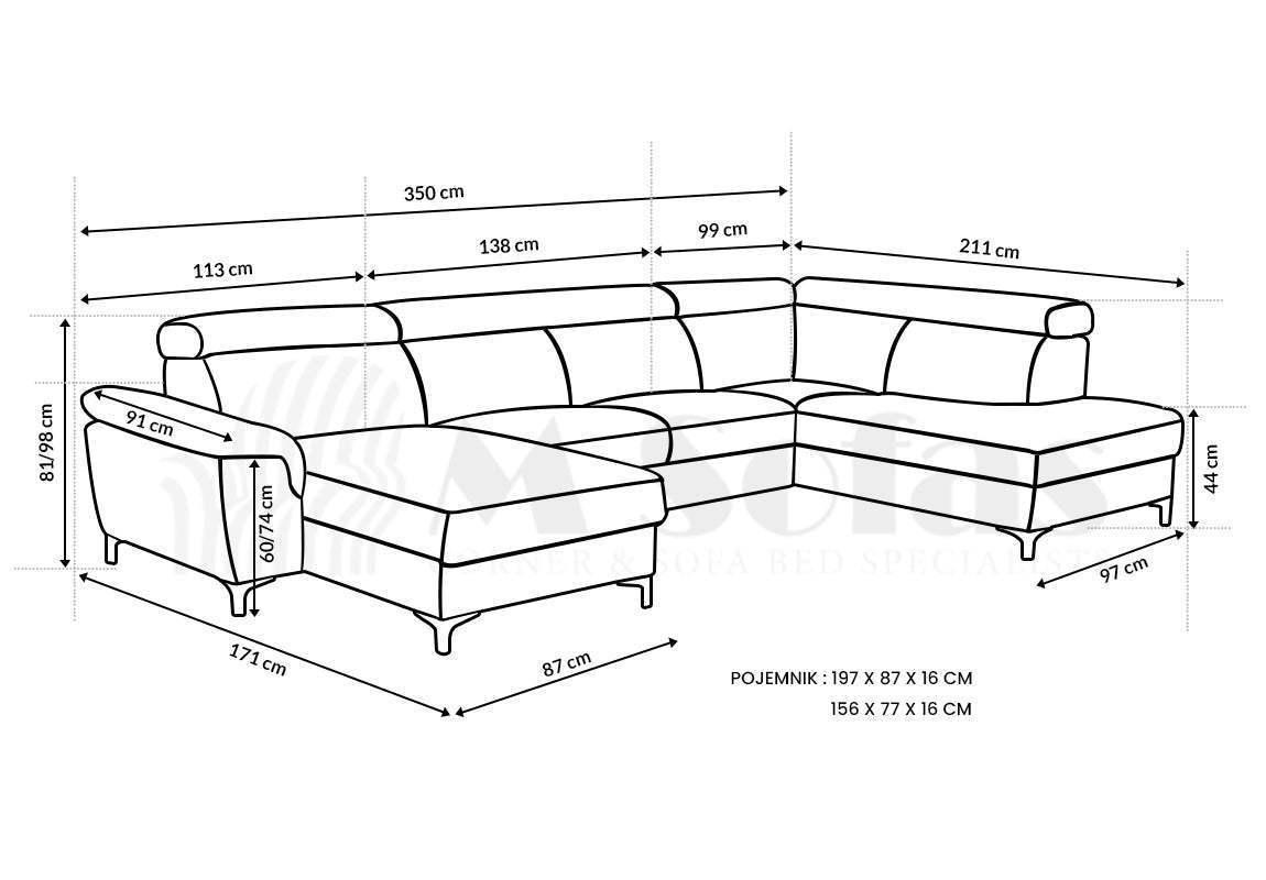 Braga U-Shape Corner Sofa Bed With Storage dimensions