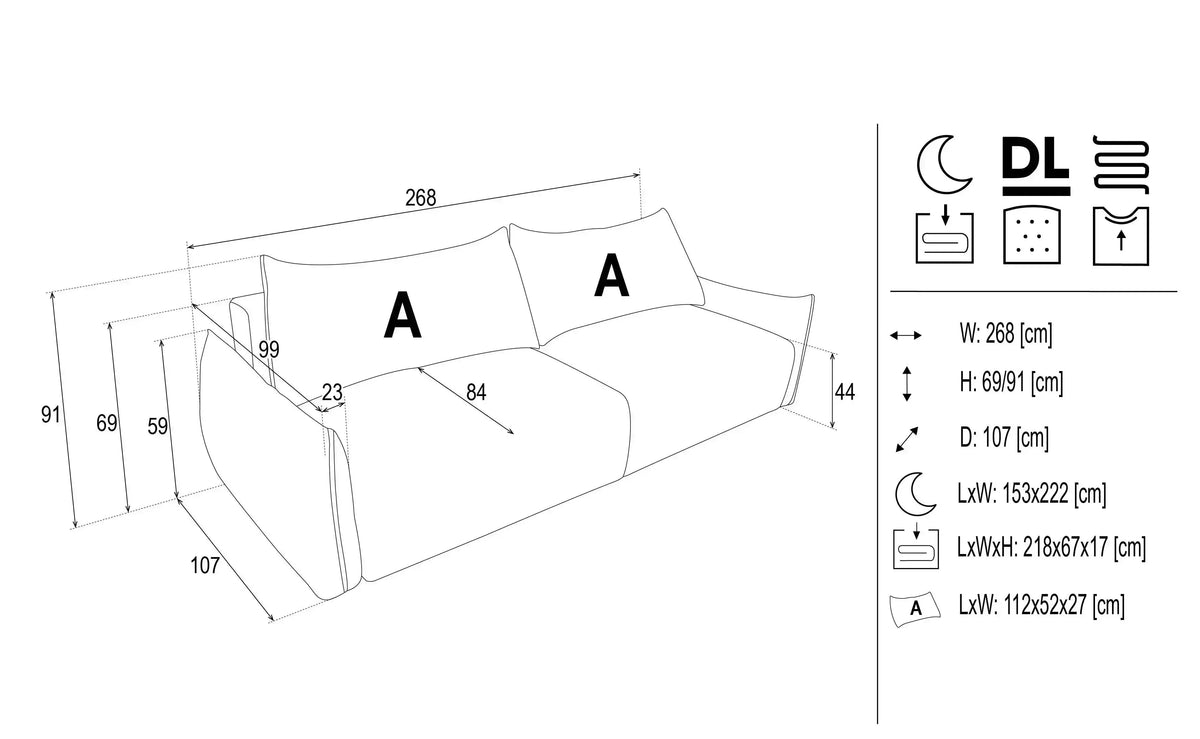 Cindy 3 Seater Sofa Bed With Storage dimensions