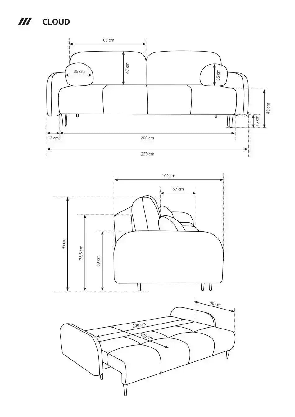 Cloud 2 Seater Sofa Bed With Storage dimensions