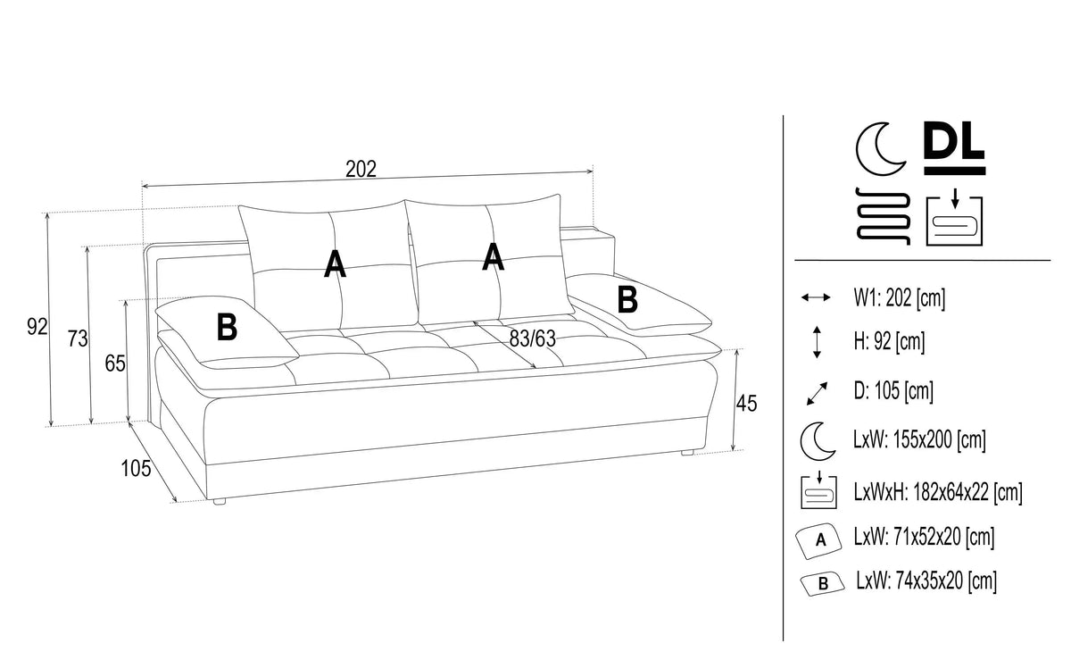 Diori 2 Seater Sofa Bed dimensions
