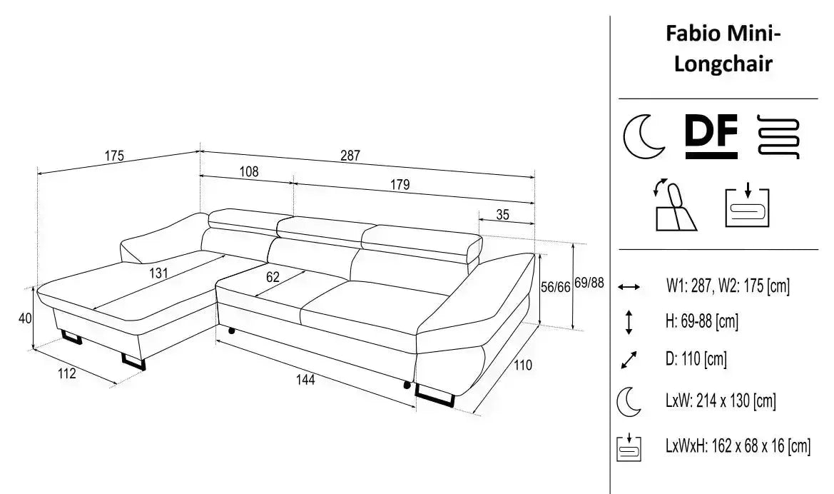 Fabio Corner Sofa Bed Mini With Storage dimensions