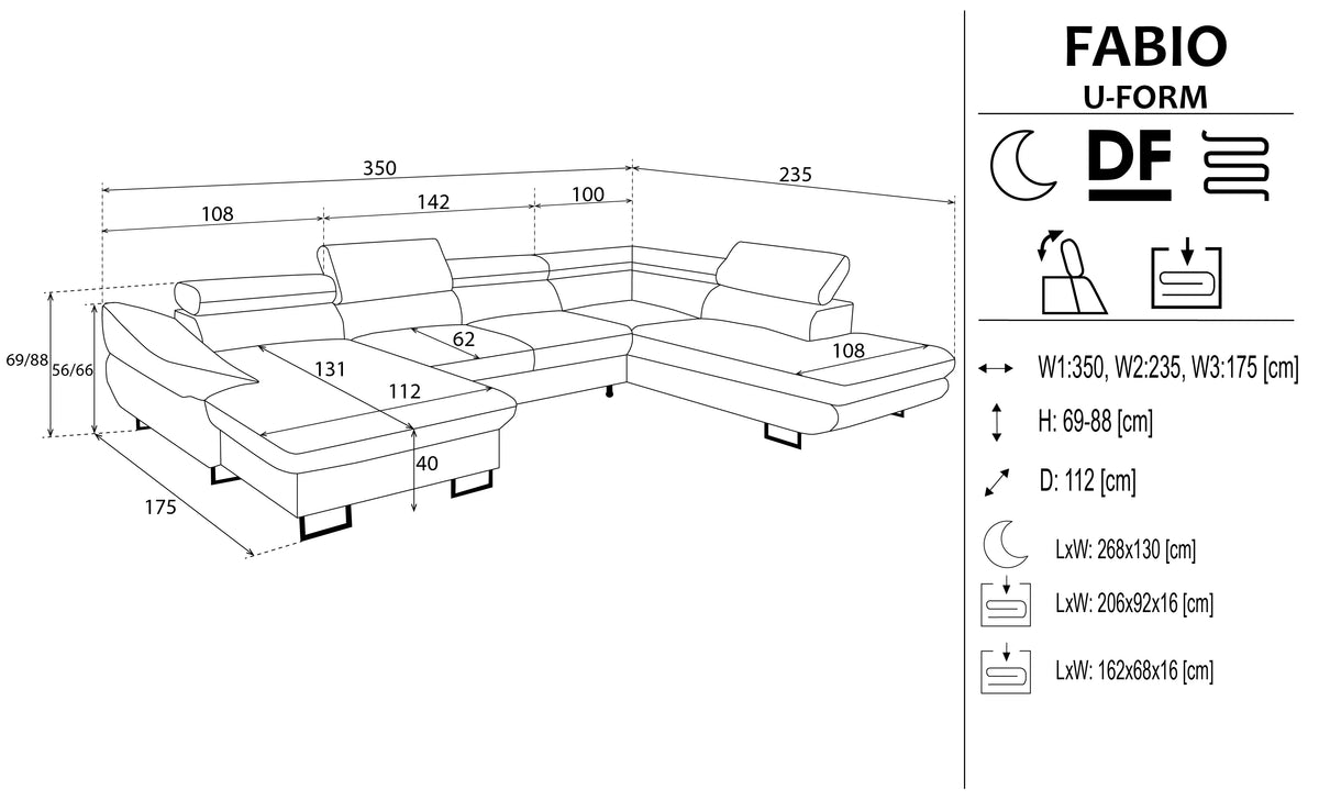 Fabio U-Shape Corner Sofa Bed With Storage dimensions