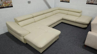 Ex-Display Fabio U Corner Sofa Bed in Natural Leather Ivory - Msofas LTD