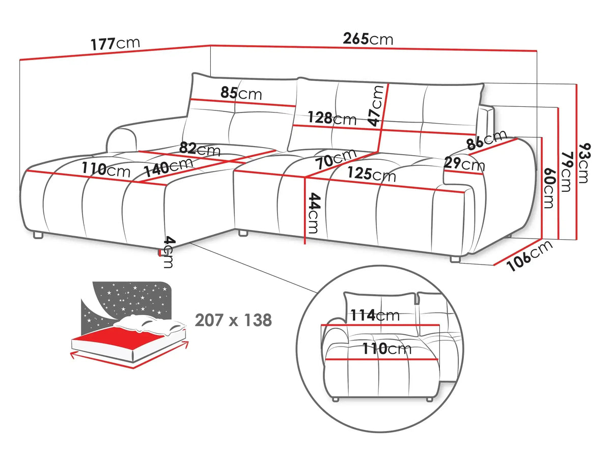 Fiorano Corner Sofa Bed With Storage dimensions