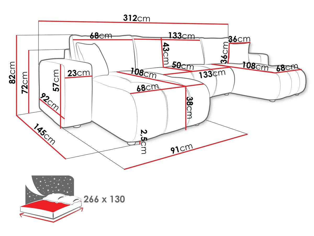 Chelsea U-Shape Corner Sofa Bed with Storage dimensions