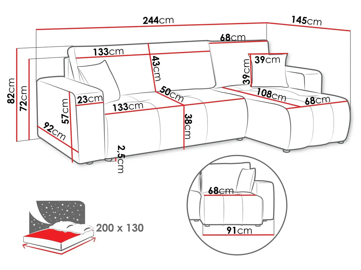 Chelsea Corner Sofa Bed With Storage Velo 636 dimensions