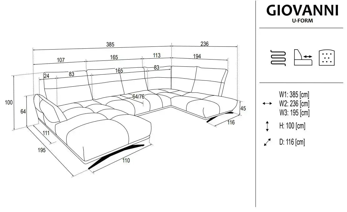 Giovanni U-Shape Corner Sofa dimensions