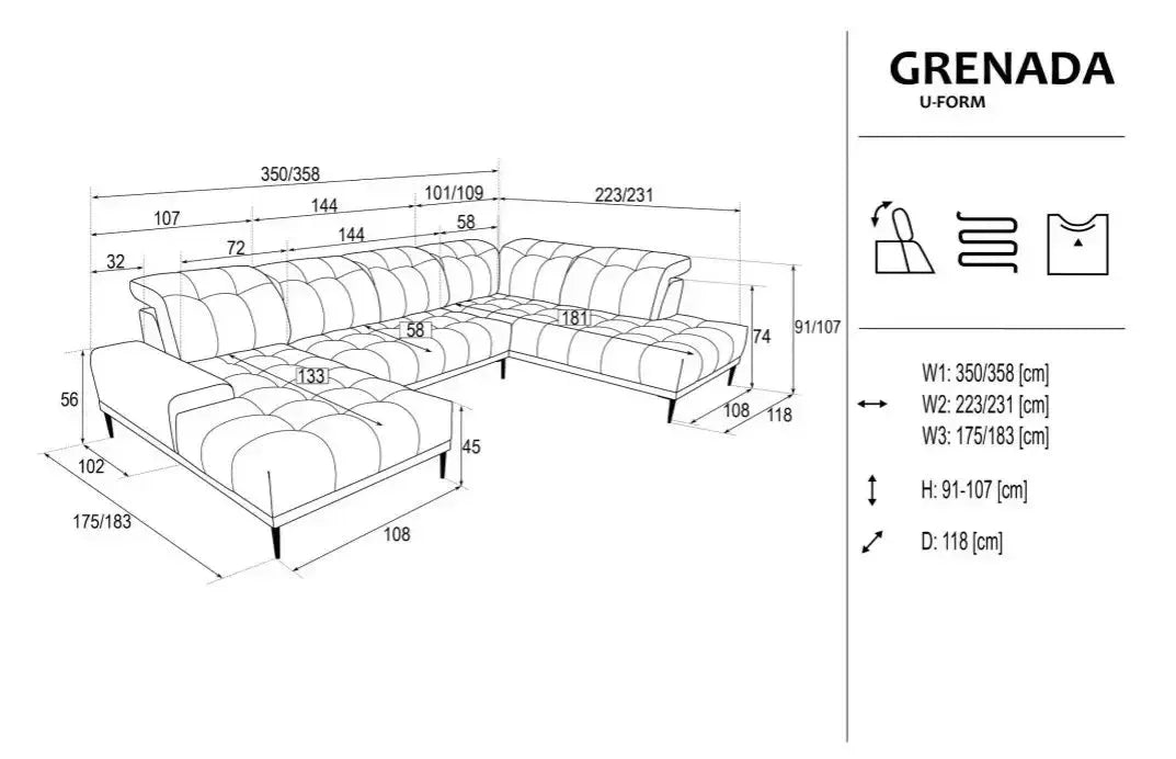 Grenada U-Shape Corner Sofa Relax dimensions