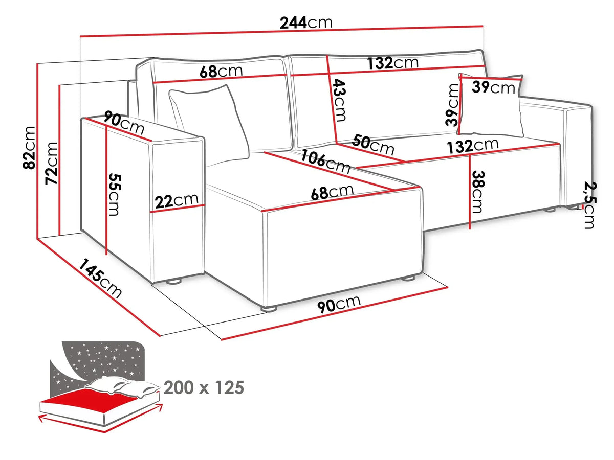 Karl Corner Sofa Bed With Storage dimensions