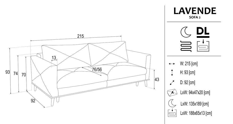 Lavende 2 Seater Sofa Bed dimensions