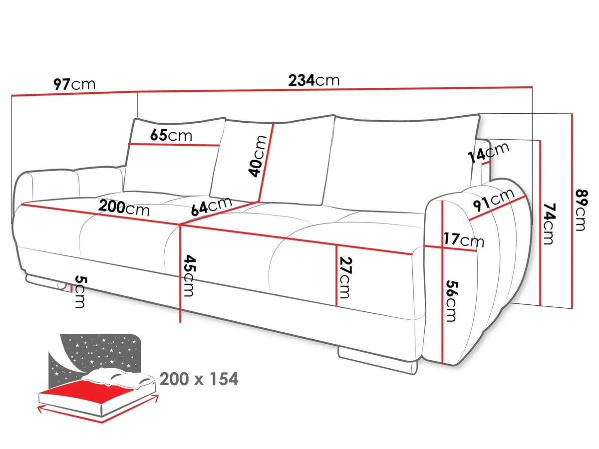 Bristol 3 Seater Sofa Bed dimensions