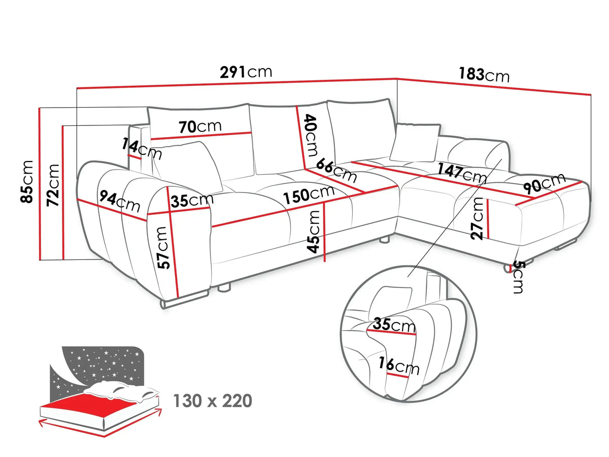 Bristol L Corner Sofa Bed With Storage dimensions