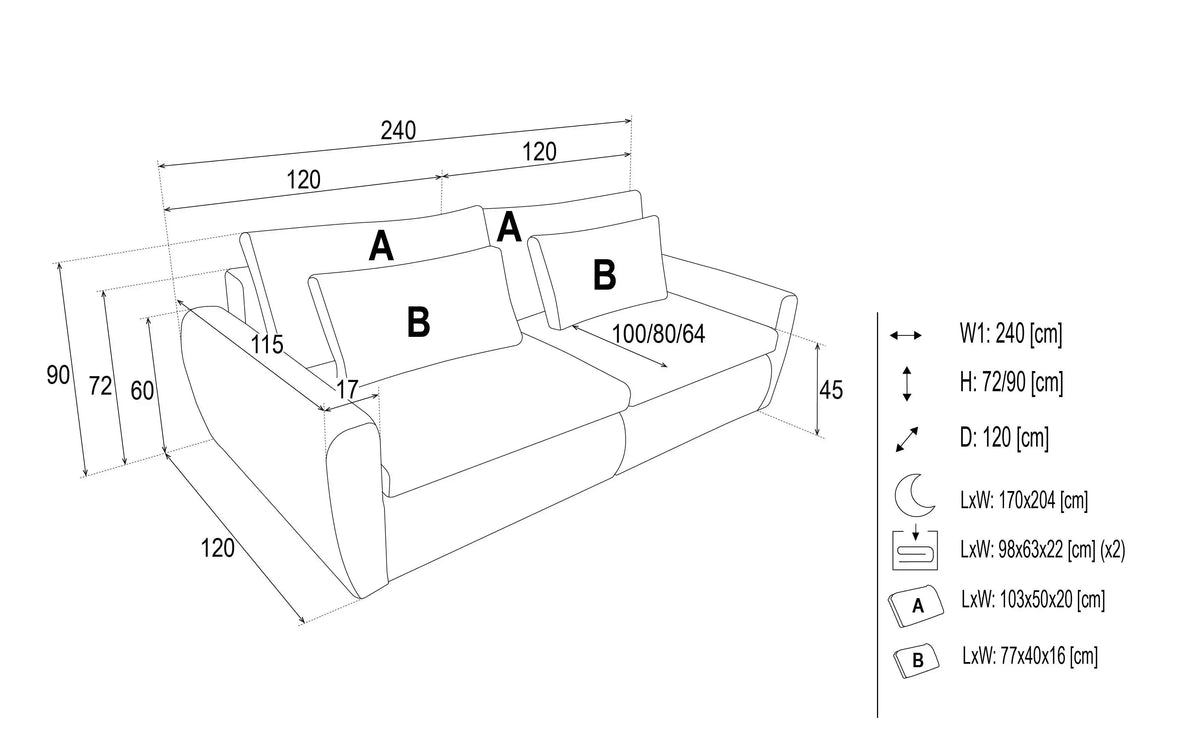 Mevi 3 Seater Sofa Bed dimensions