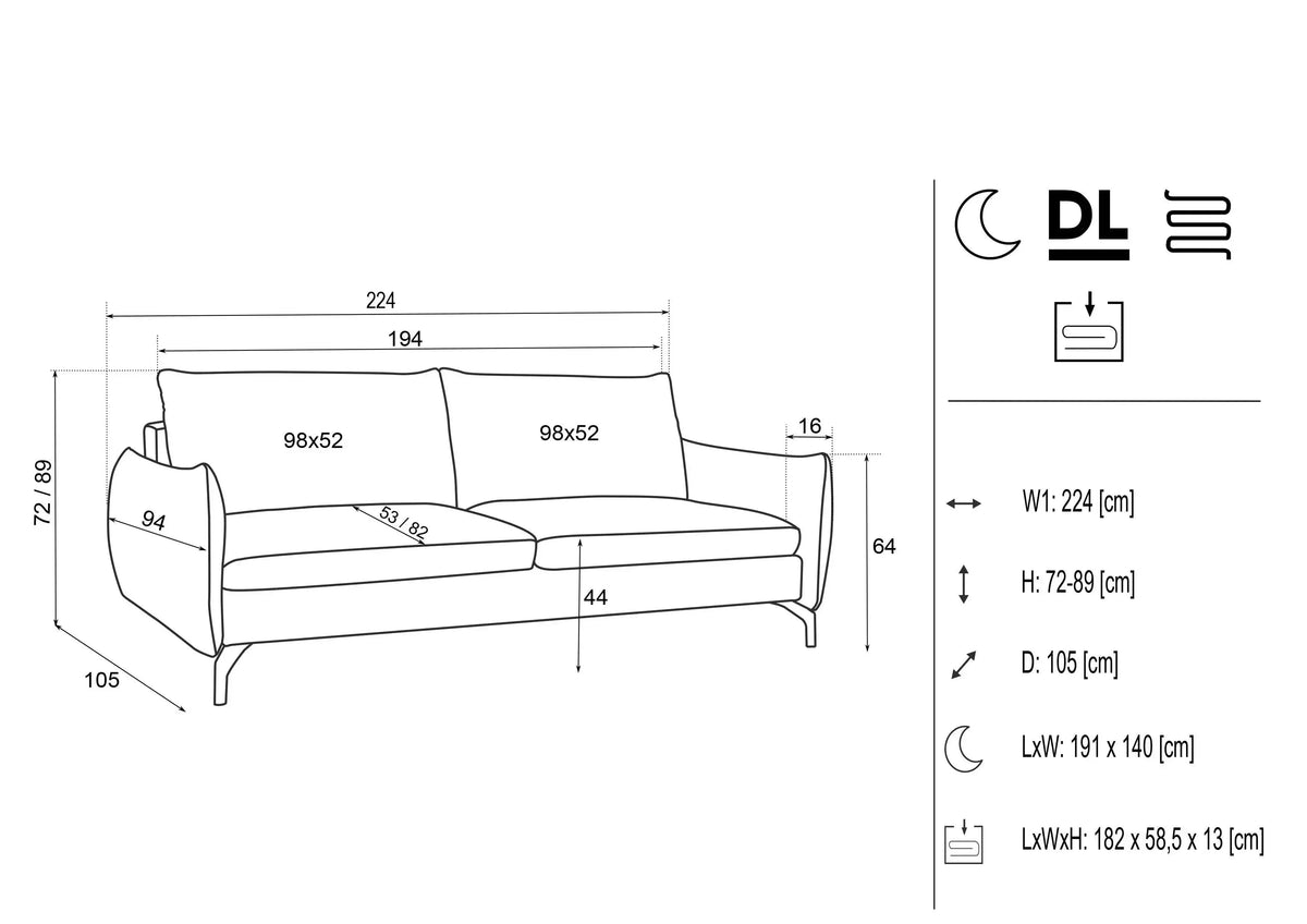 Midori 2 Seater Sofa Bed With Storage dimensions