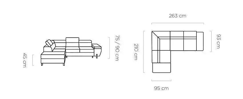 Molina L Corner Sofa Bed dimensions