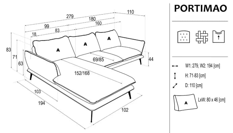 Portimao Corner Sofa Longchair dimensions