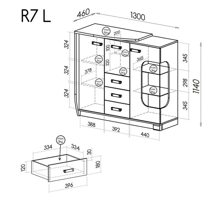 Romero R7 Sideboard Right dimensions