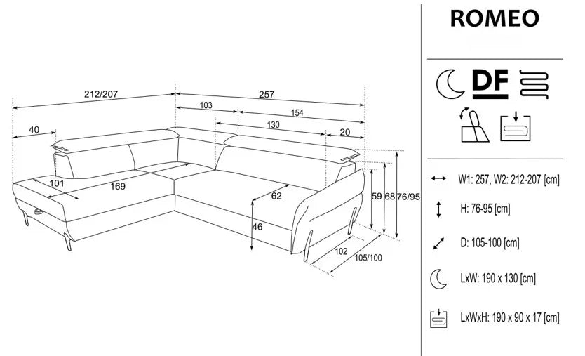 Romeo Corner Sofa Bed With Storage dimensions