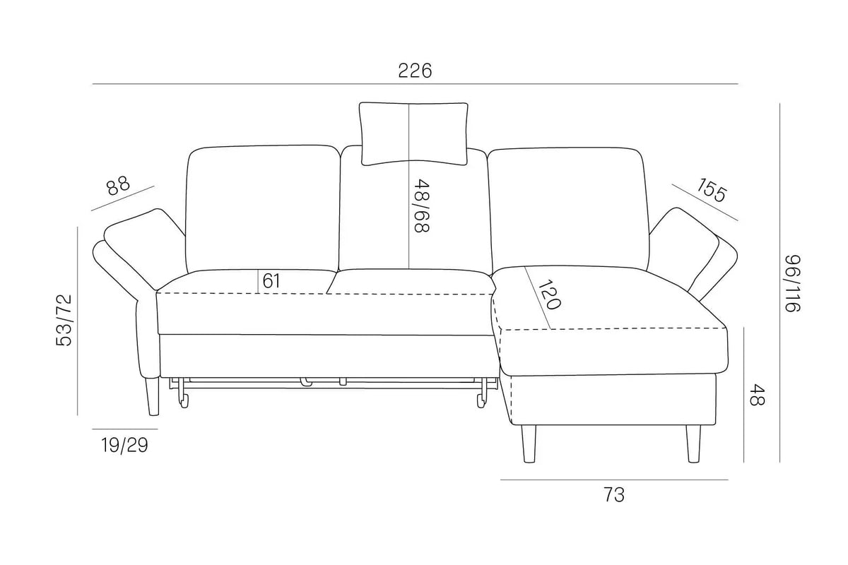 Sori Corner Sofa Bed With Storage dimensions