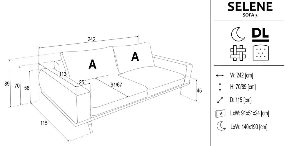 Selene 3 Seater Sofa Bed dimensions