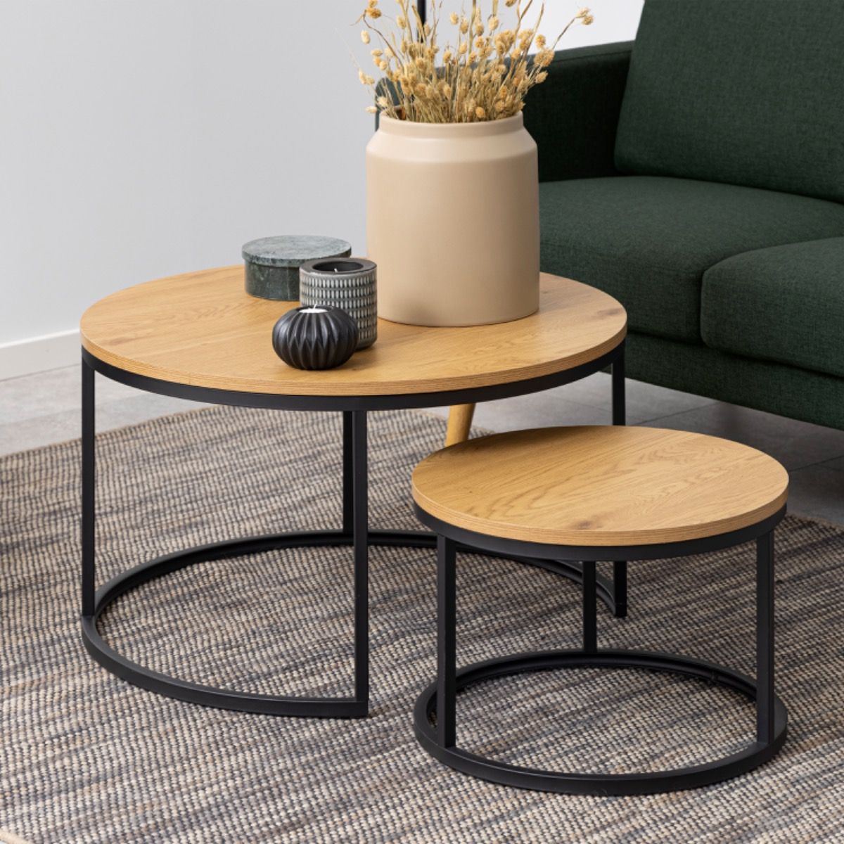 Spiro Express Delivery Round Coffee Table Set with Oak Top & Black Legs