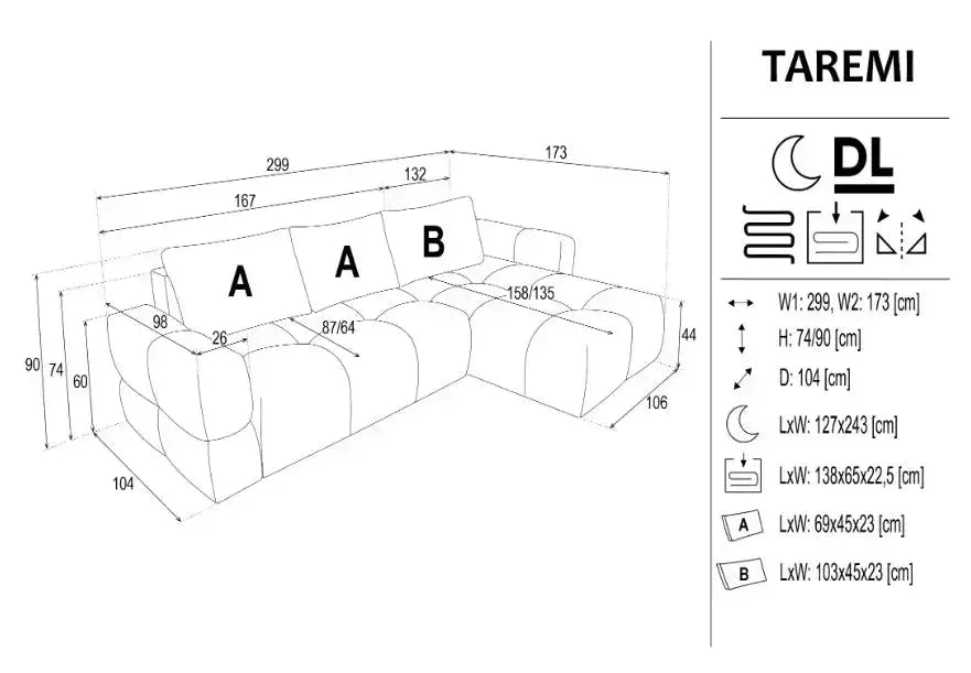 Taremo Corner Sofa Bed Longchair With Storage dimensions