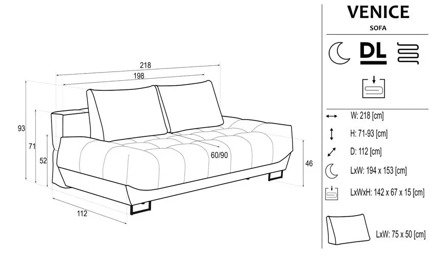 Veni 2 Seater Sofa Bed dimensions