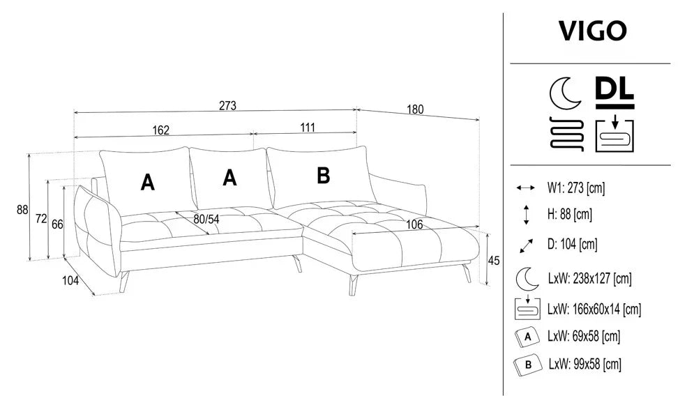 Vigo Corner Sofa Bed With Storage dimensions