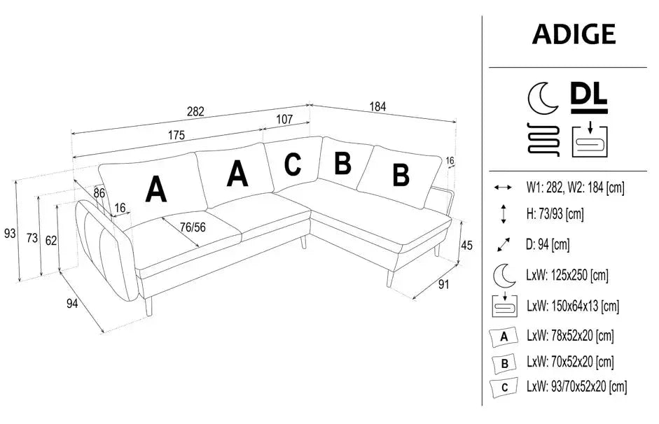 Adige Corner Sofa Bed With Storage dimensions