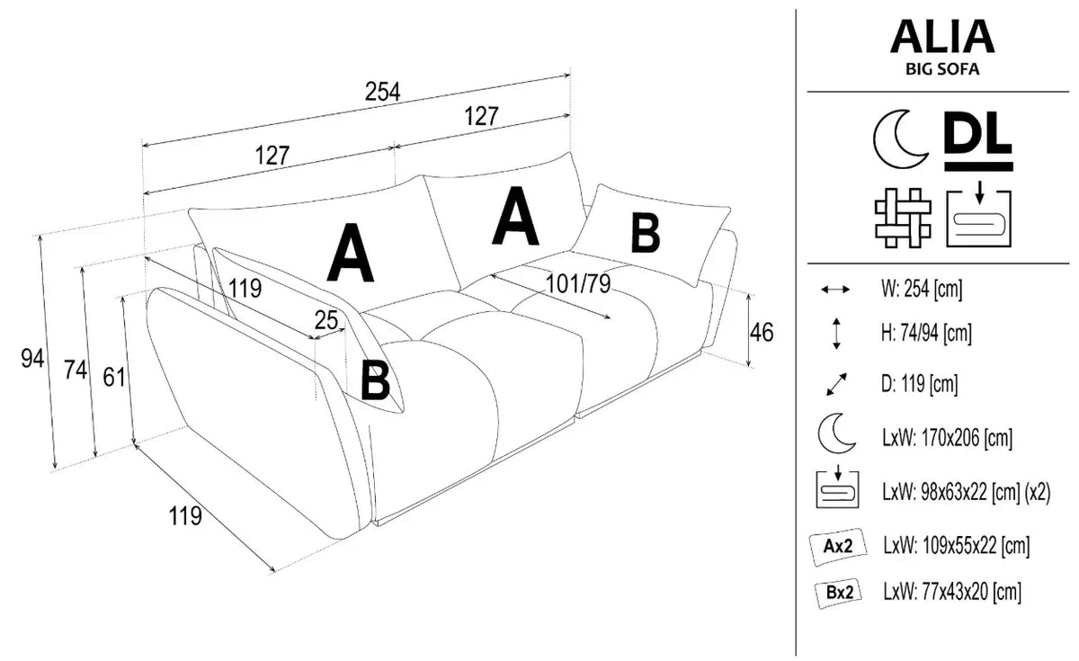Alia 3 Seater Sofa Bed With Storage dimensions