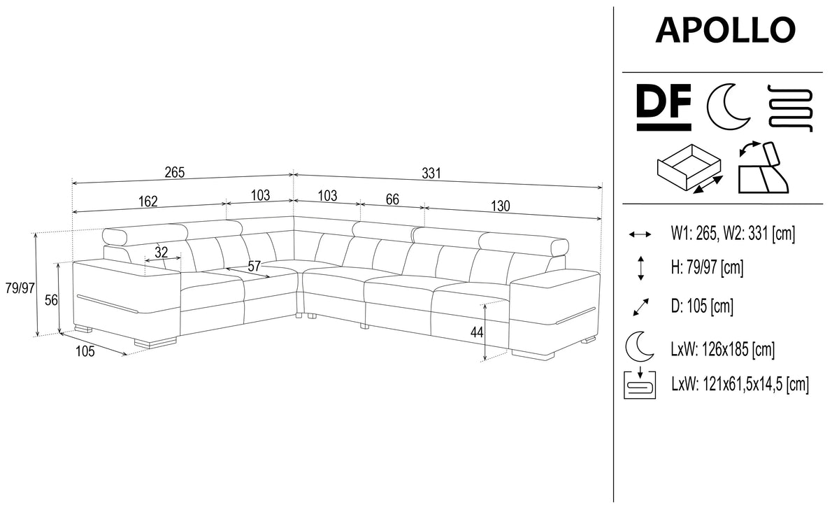 Apollo Pr3 Corner Sofa Bed With Storage dimensions