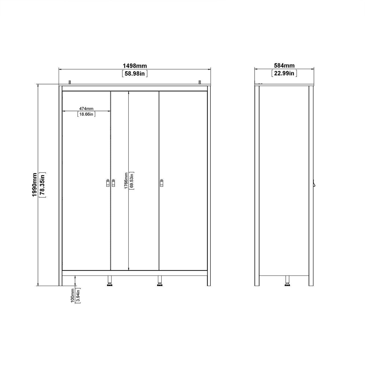 Madrid Wardrobe with 3 Doors in Matt Black