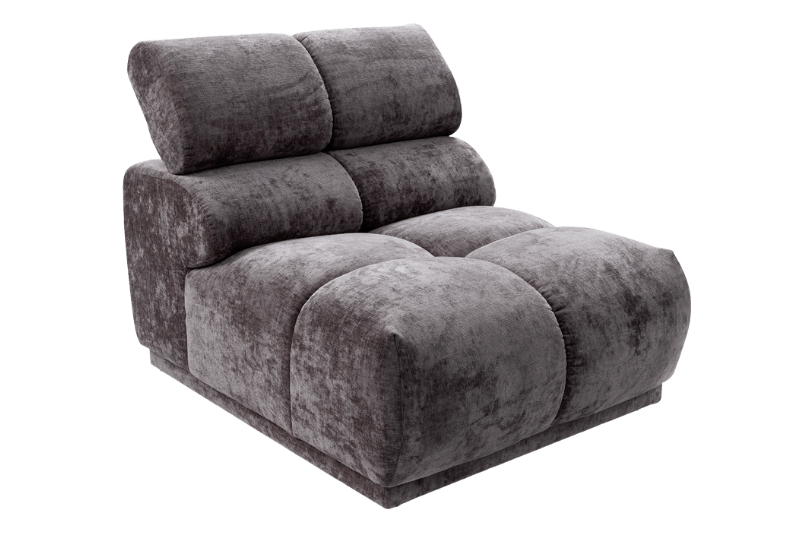 A modern low-profile lounge chair upholstered in a textured, crushed velvet fabric in a dark gray color, shown from a three-quarters angle on a plain white background.
