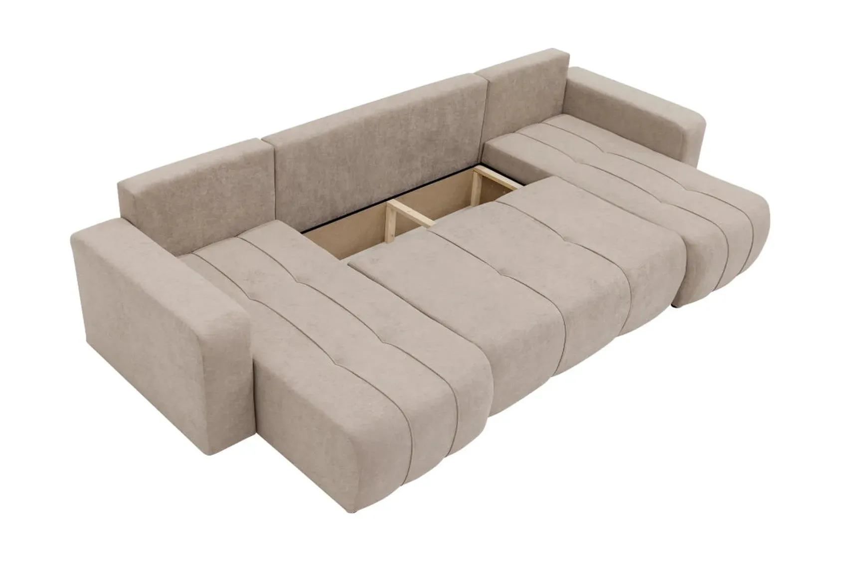 Beige sectional sofa with storage compartments on a white background