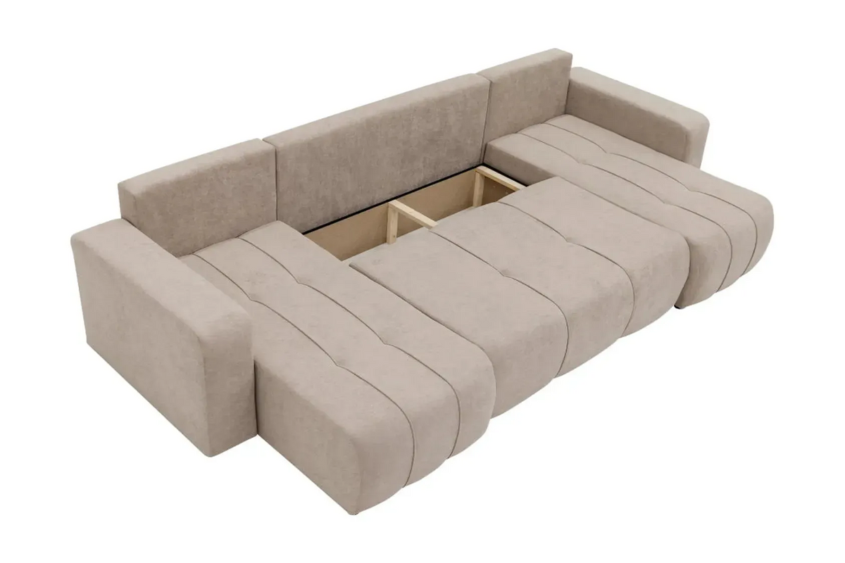 Beige sectional sofa with storage compartments on a white background
