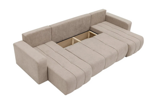 Beige sectional sofa with storage compartments on a white background