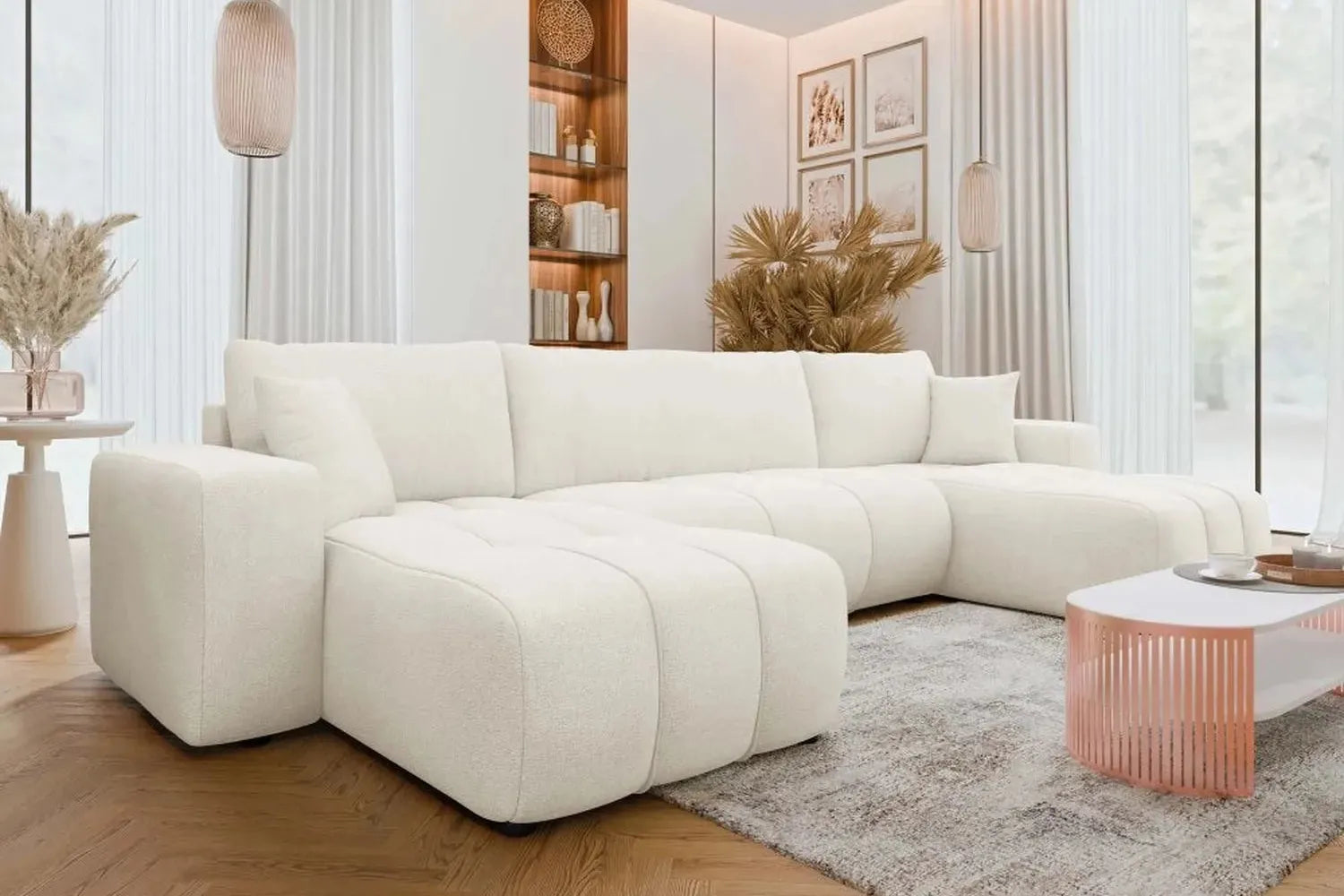 White sectional sofa in a modern living room with decor elements.