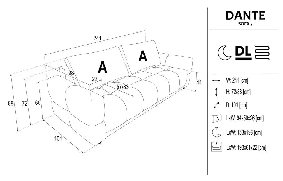 Dante 3 Seater Sofa Bed With Storage dimensions