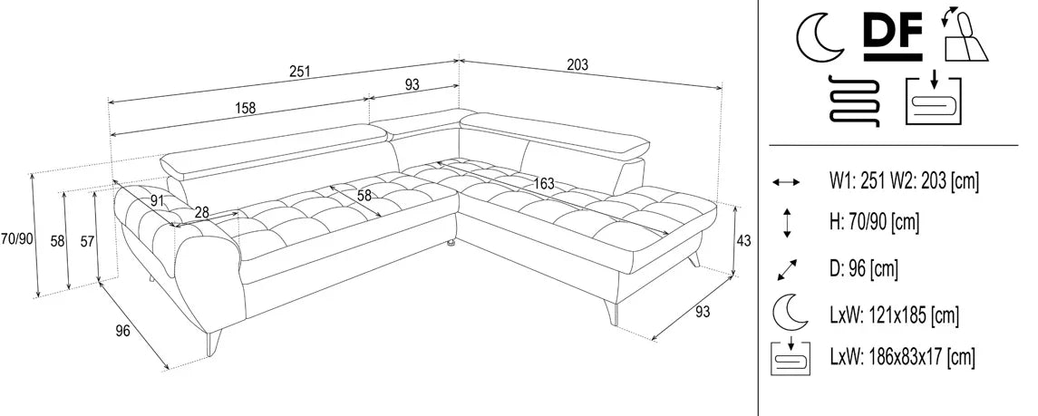 Elena Corner Sofa Bed With Storage dimensions