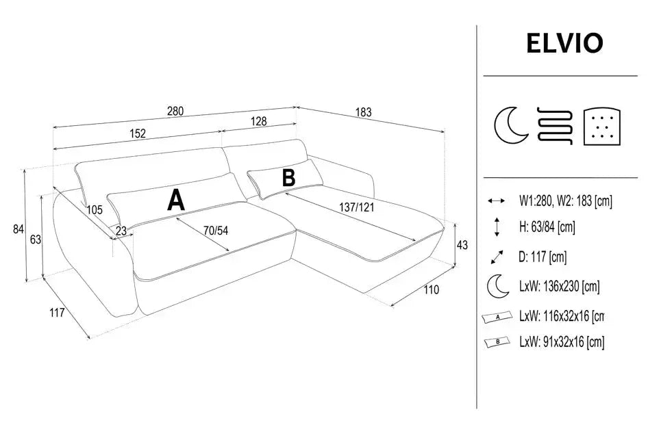 Elvio Corner Sofa Bed dimensions