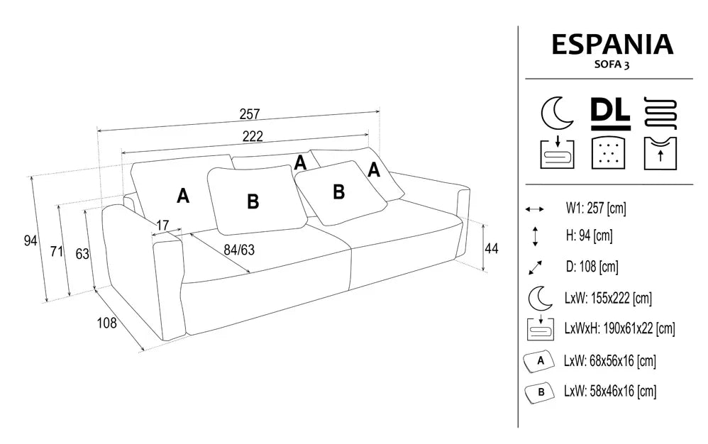Espania 3 Seater Sofa Bed With Storage dimensions