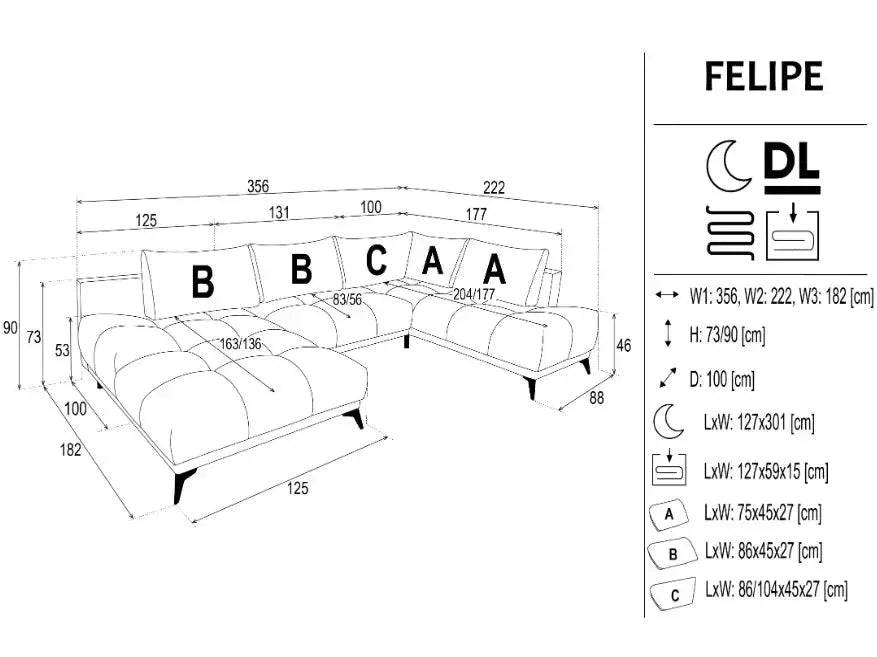 Felipe U-Shape Corner Sofa Bed With Storage dimensions