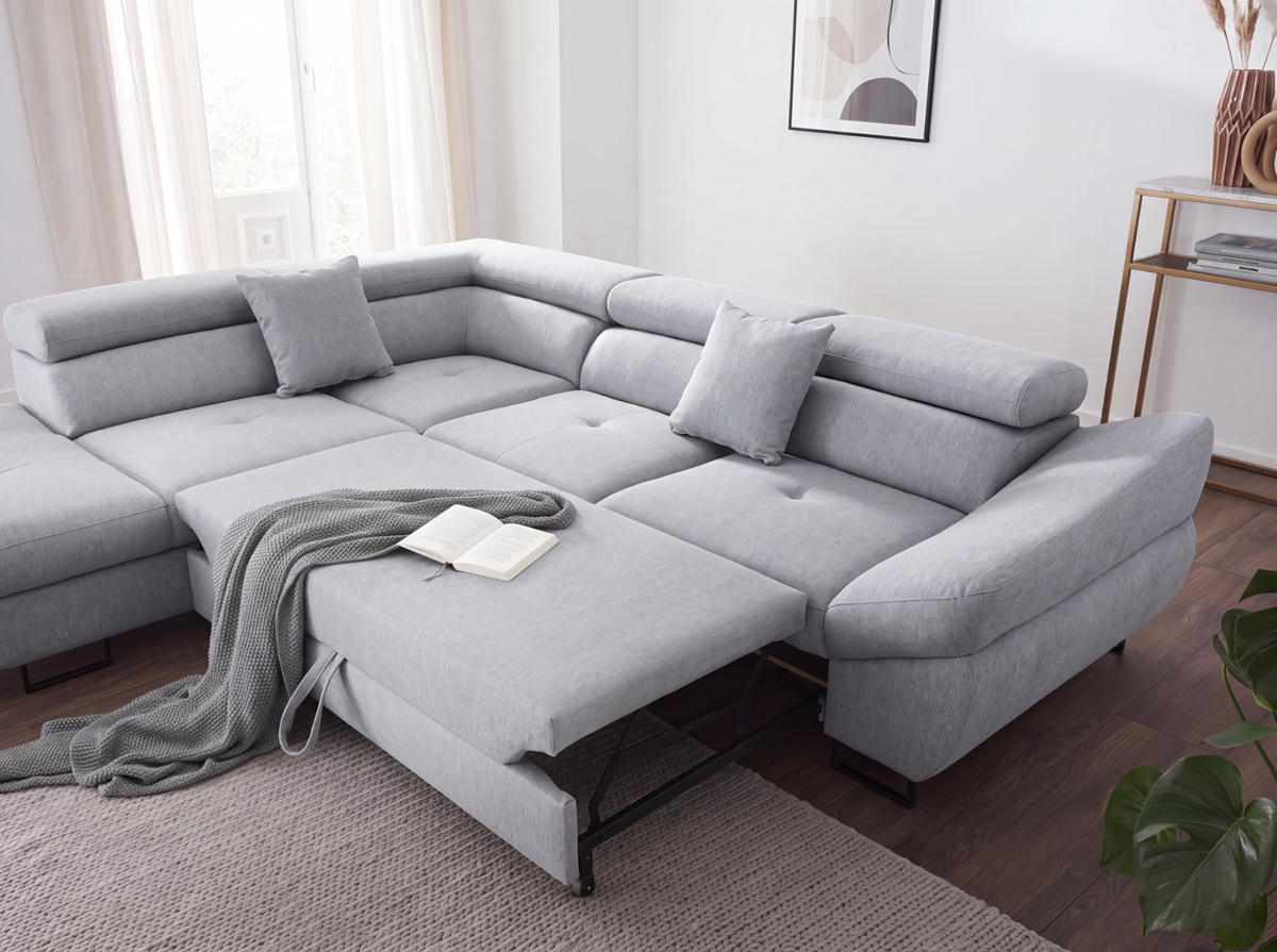 A light gray modular sectional sofa with an extended chaise lounge in a bright, modern living room. The sofa is styled with two matching throw pillows, a gray knit blanket, and an open book resting on the chaise.
