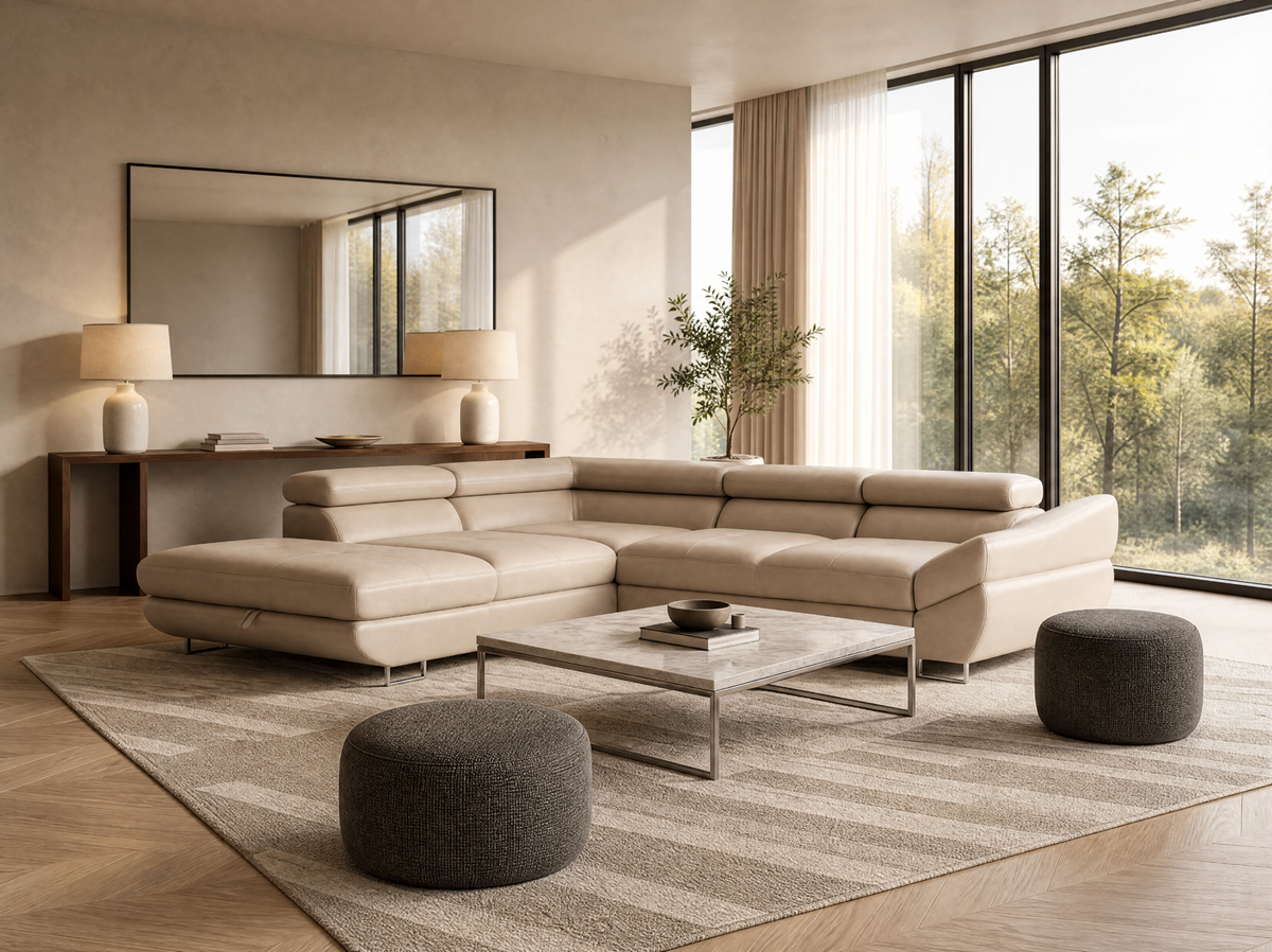 A modern beige sectional sofa in a bright, contemporary living room with large windows, a striped area rug, a wooden coffee table, and two dark gray ottomans.