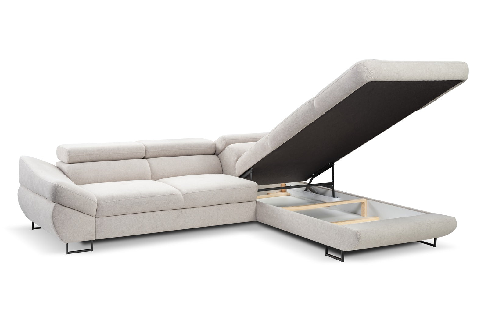Sectional sofa with lift-top feature on a white background